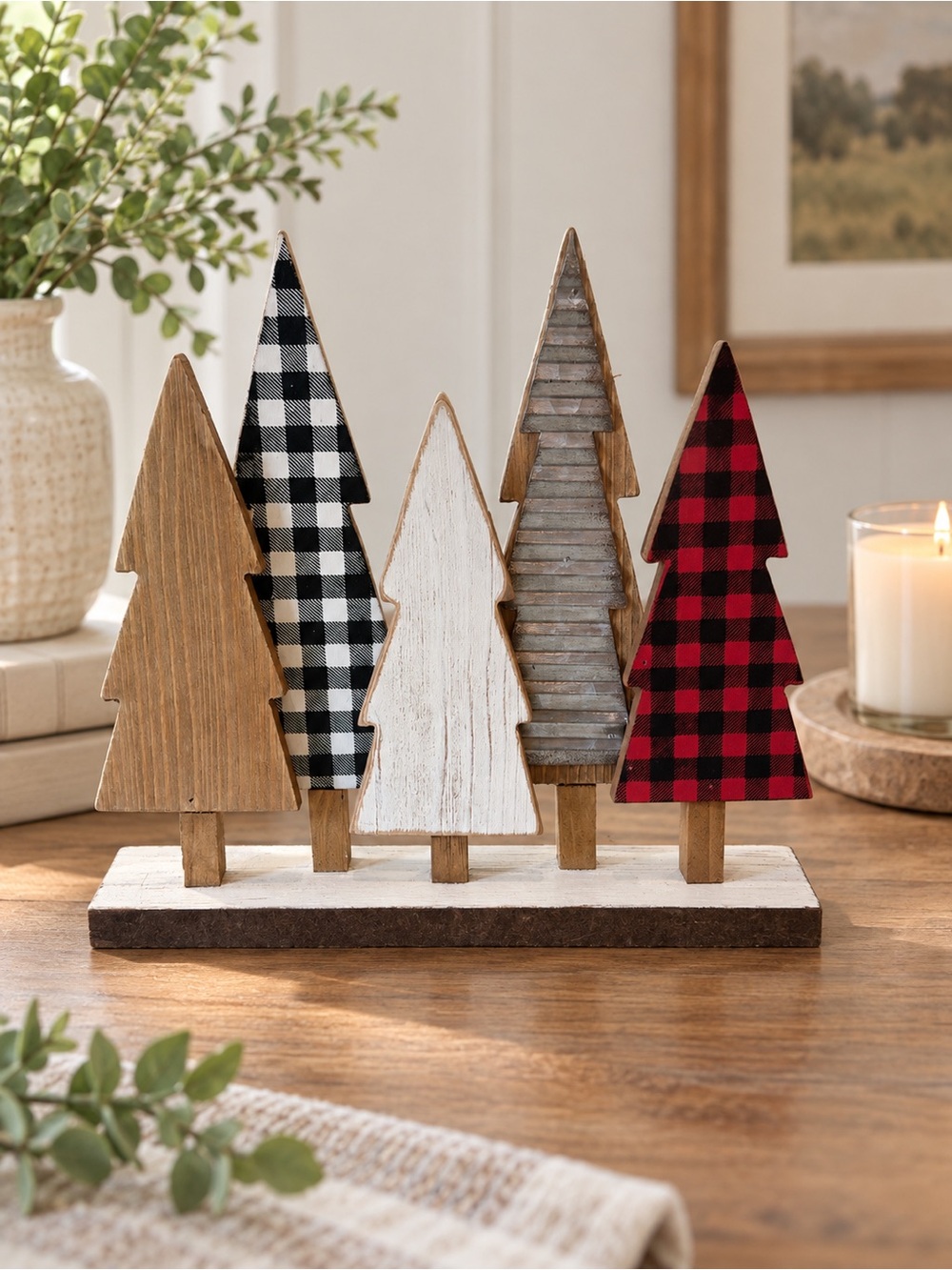 Maker’s Holiday Rustic Wooden Christmas Tree Table Decor Buffalo Plaid Farmhouse